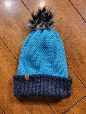 Handmade Wool Blend Reversible Winter Hat Unisex Adult Pom Pom Blue Gray Purple